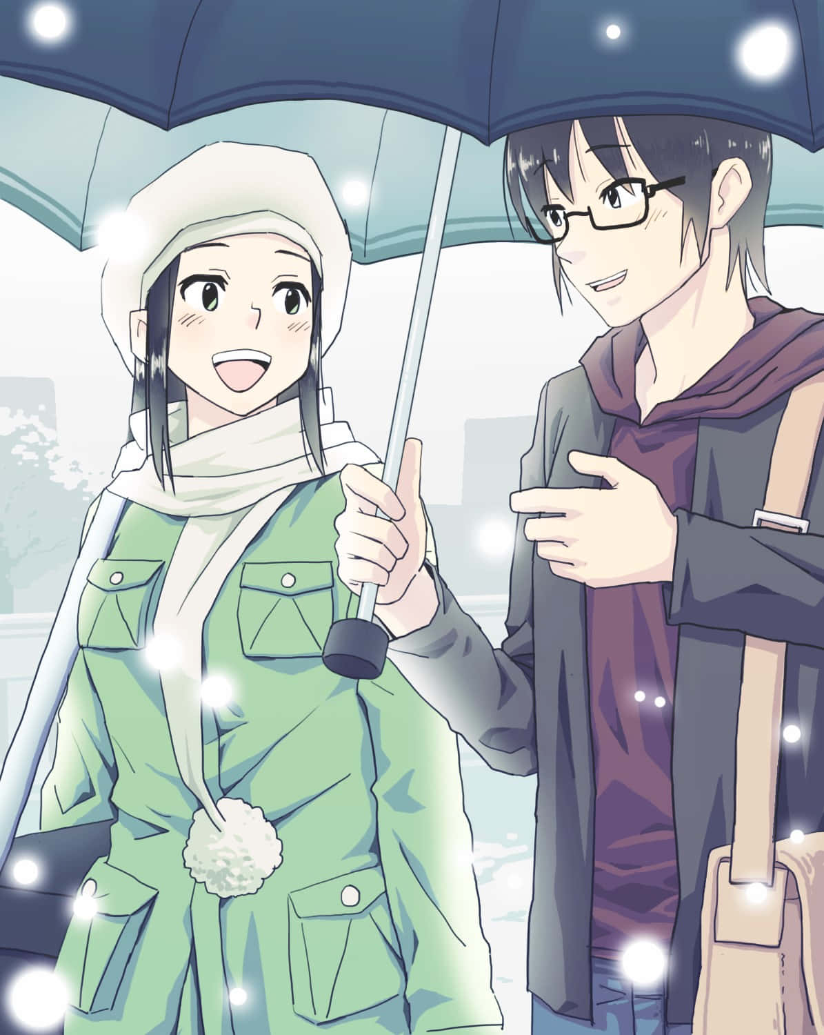 Snowy Day Umbrella Sharing Wallpaper