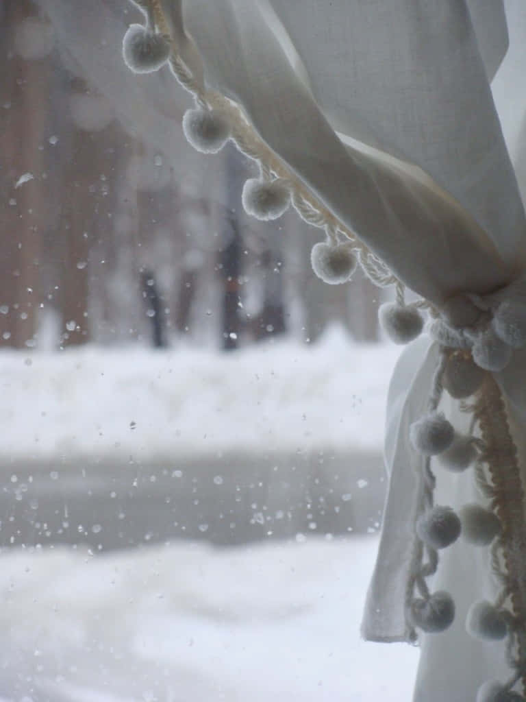 Snowy_ Window_ Pom Pom_ Curtain_ Aesthetic.jpg Wallpaper