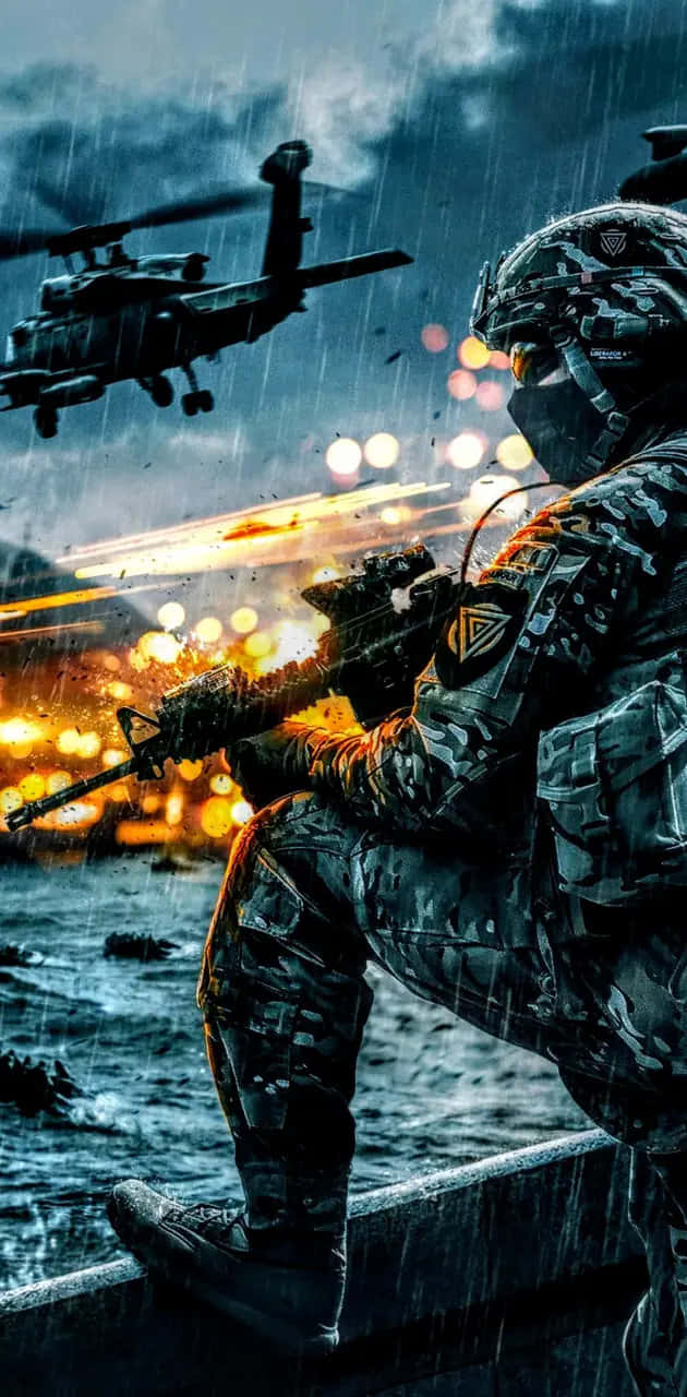 Soldier Watching Helicopter Battle Scene Wallpaper