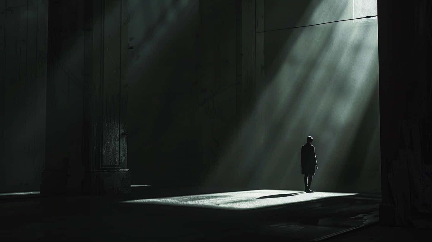 Solitary_ Figure_in_ Shadowy_ Rays.jpg Wallpaper