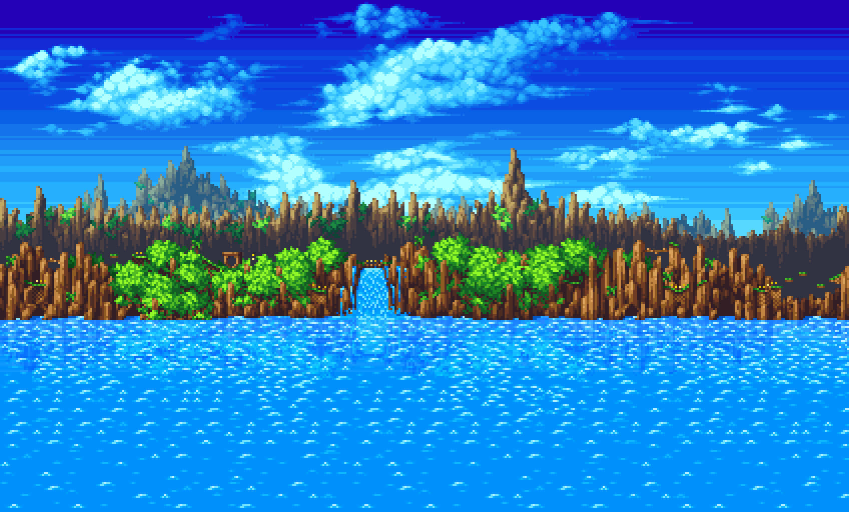 Sonic Waterfront Greenery Pixel Art Wallpaper