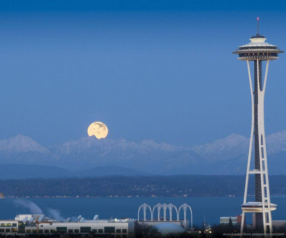 Space Needle Moon Blue Sky Wallpaper