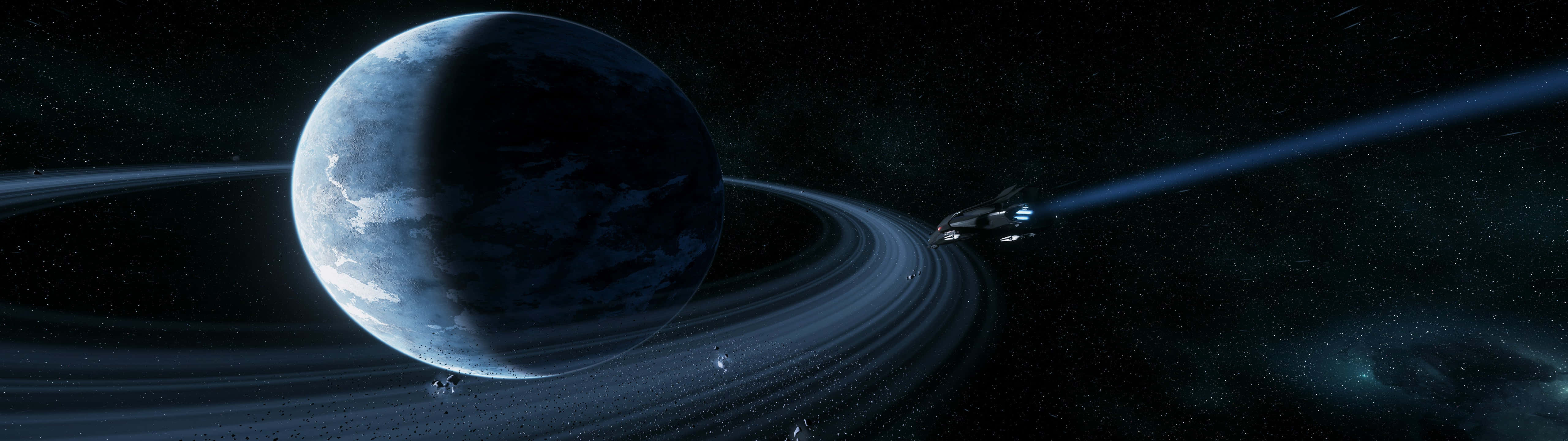 Spacecraft Orbiting Ringed Planet Super Ultra Wide Wallpaper