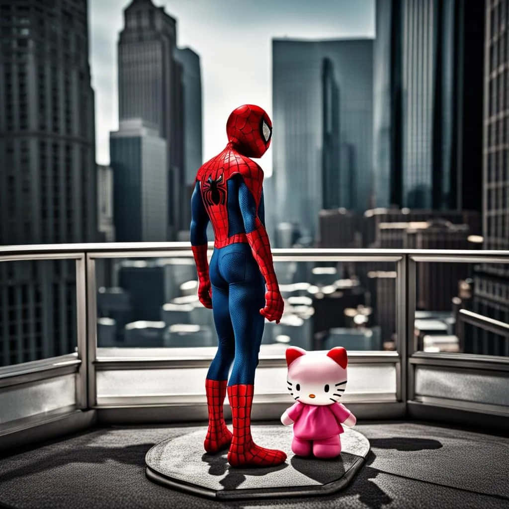 Spidermanand Hello Kitty Cityscape Wallpaper