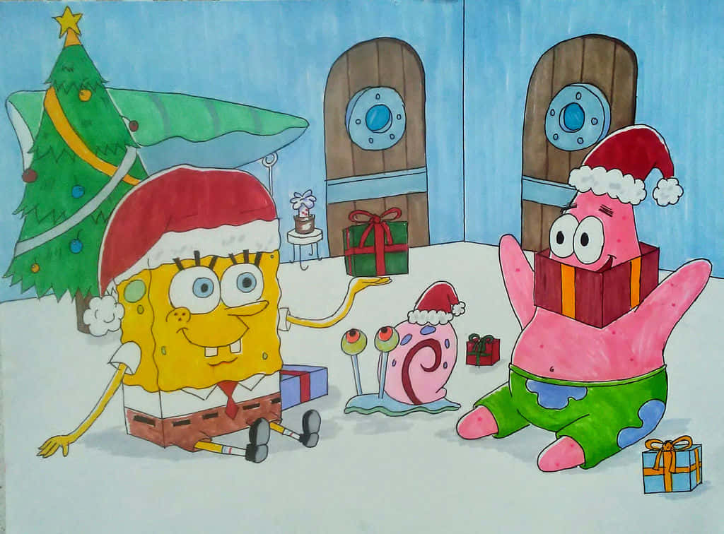 Sponge Bob Patrick Christmas Celebration Wallpaper