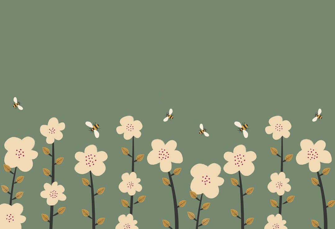 Springtime Floral Patternwith Bees Wallpaper