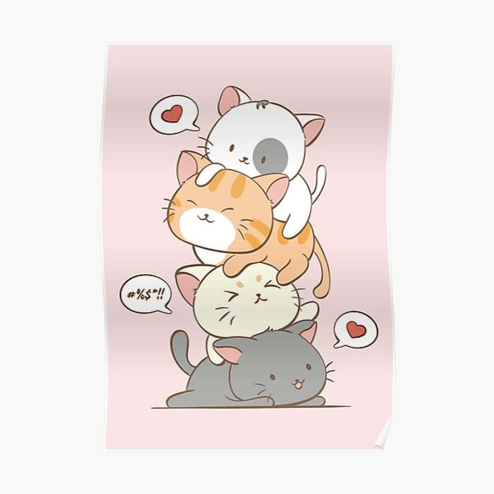 Stacked Cats Kawaii Art Wallpaper