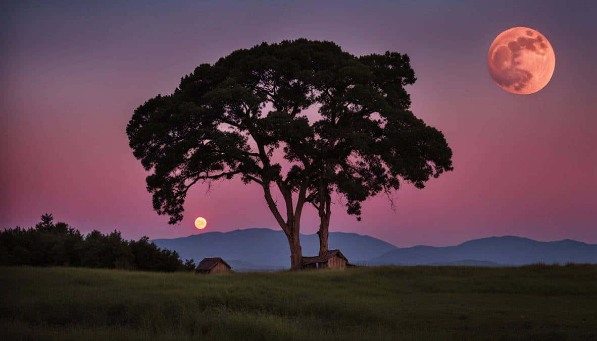 Strawberry Moon Over Pastoral Landscape Wallpaper