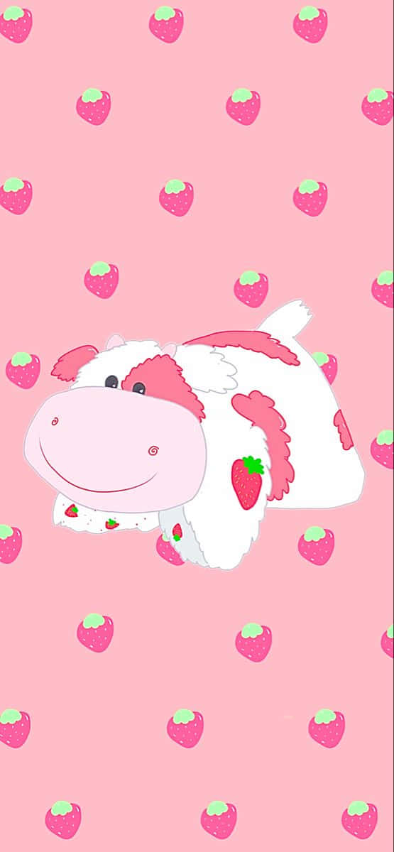 Strawberry Pattern Pink Cow Illustration Wallpaper