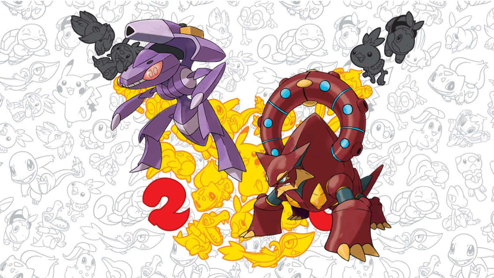 Stunning 2d Illustration Of Genesect And Volcanion In Battle Wallpaper