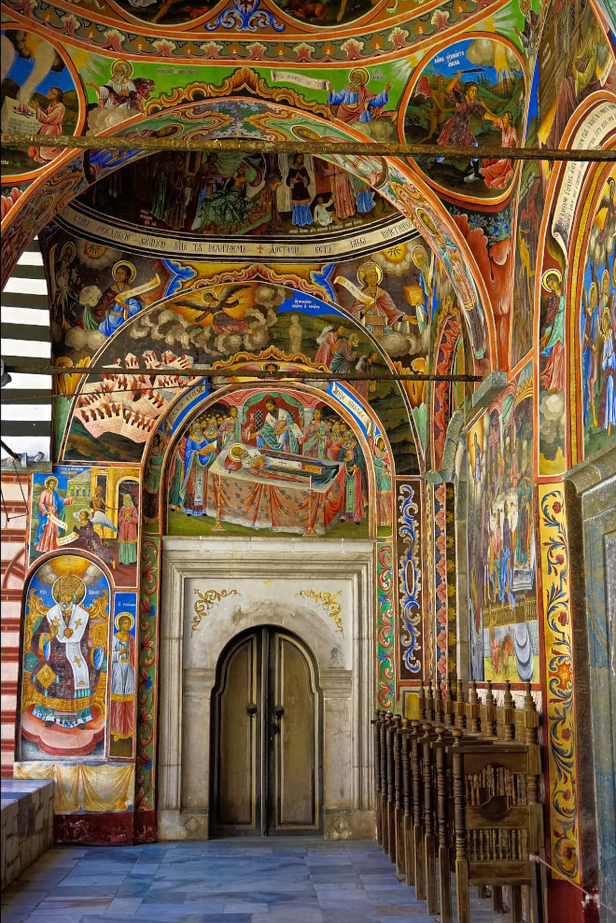 Stunning Colorful Interior Of Historic Rila Monastery Wallpaper