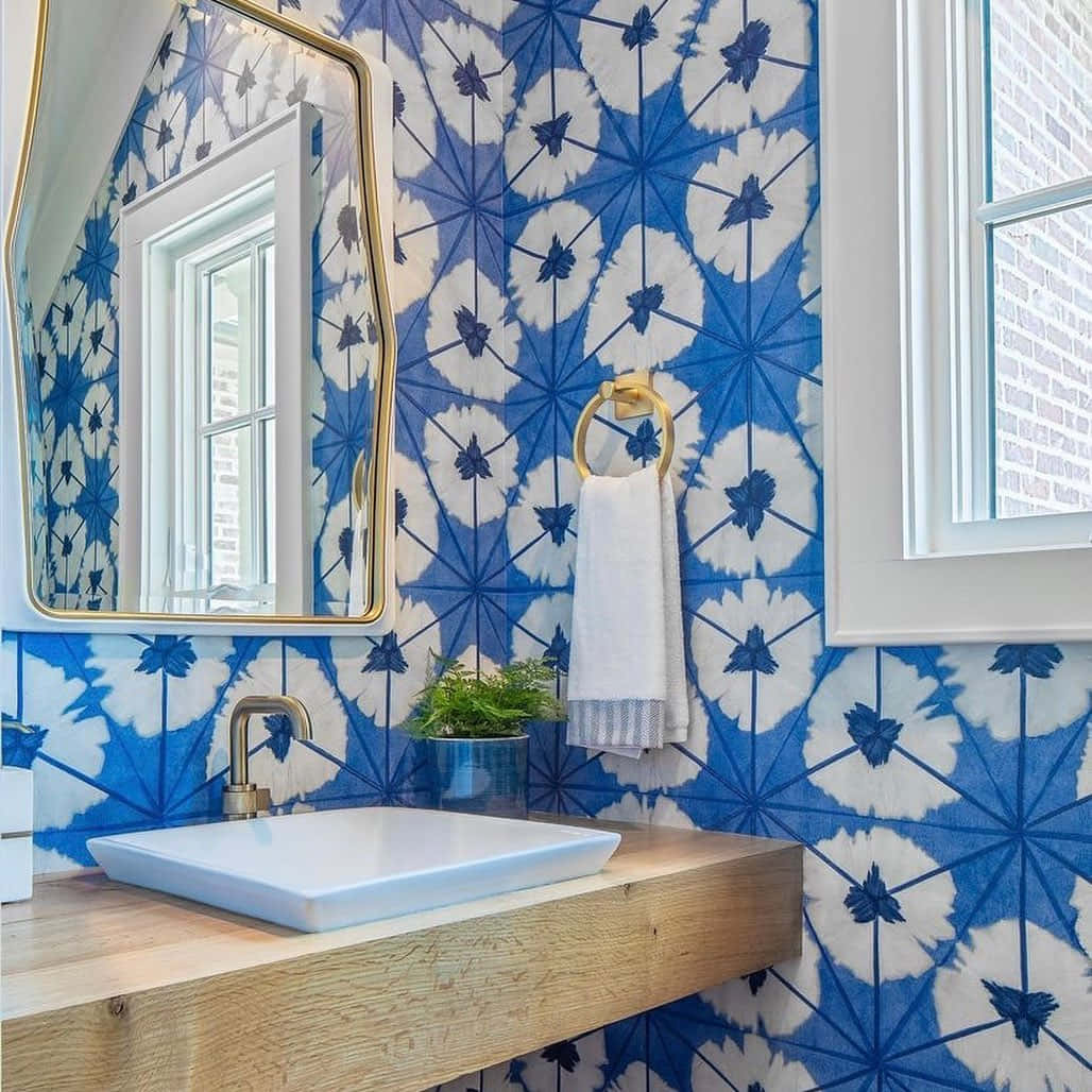 Stylish Blue Tile Bathroom Design Wallpaper