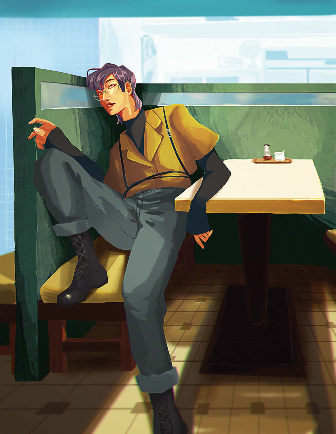 Stylish Man Relaxingin Diner Illustration Wallpaper