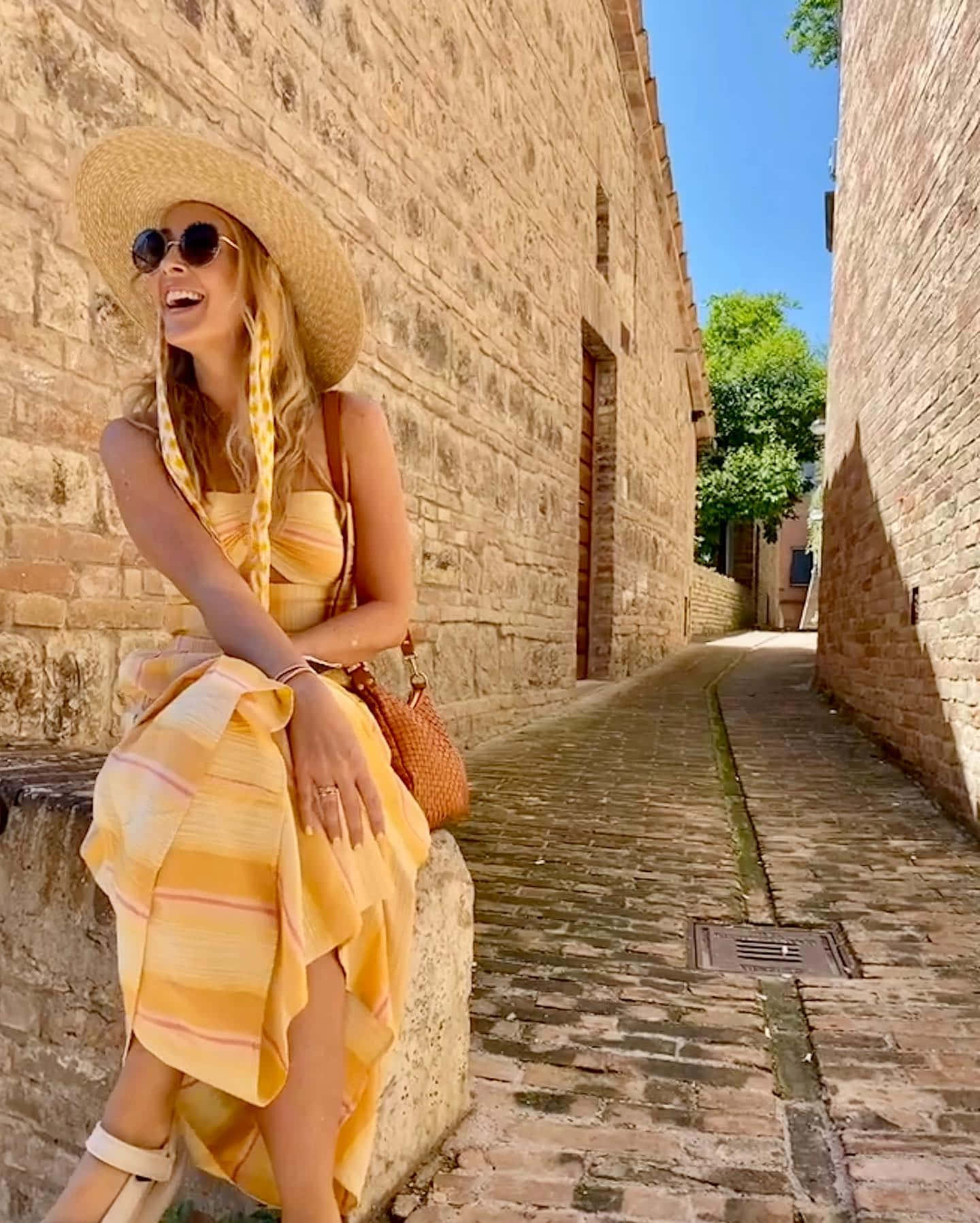 Summer Dress Woman Sitting Old Town Street Wallpaper