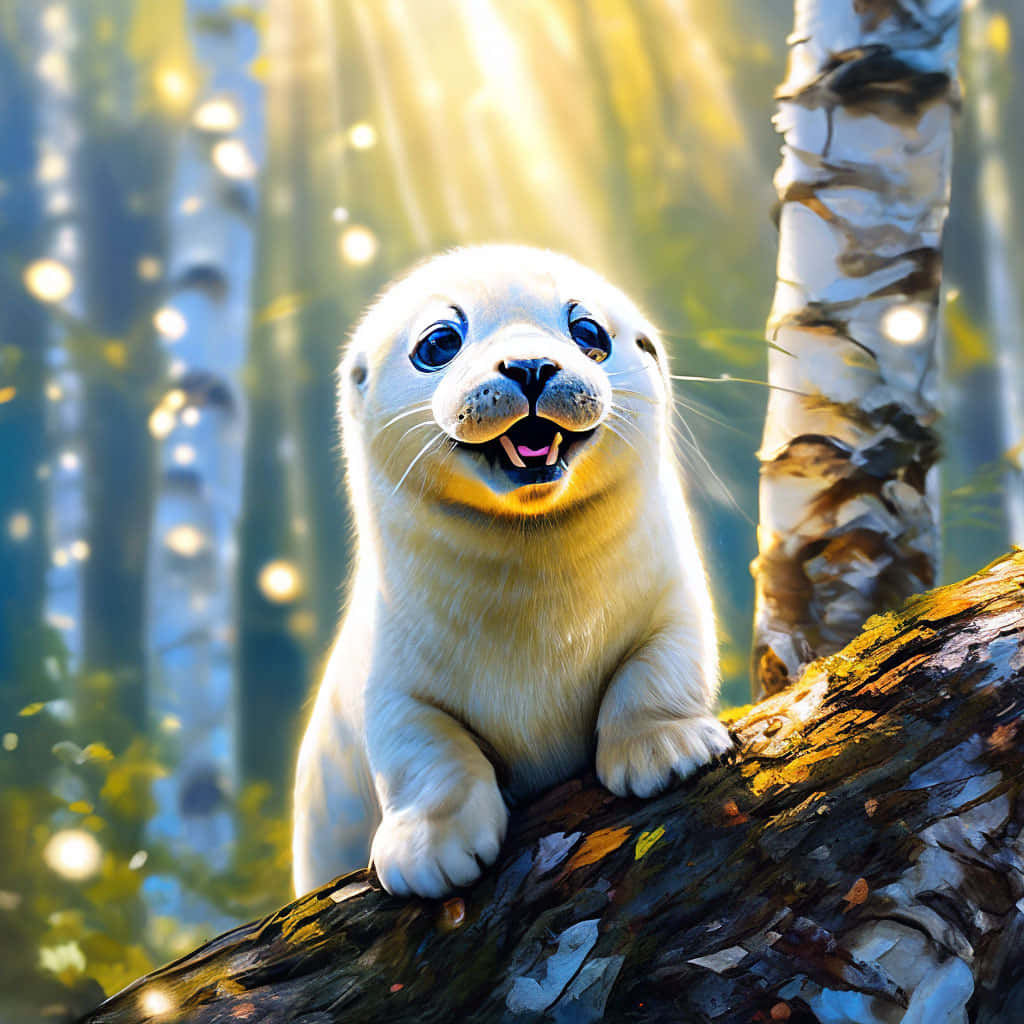 Sunlit Harp Seal Pup Forest Glade Wallpaper