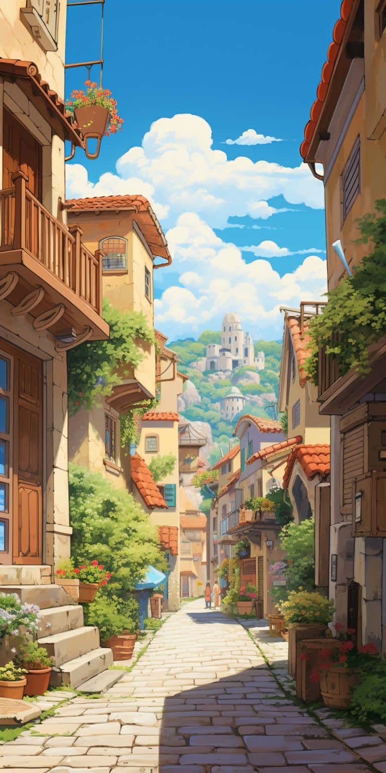 Sunny Cobblestone Street Ghibli Style Wallpaper