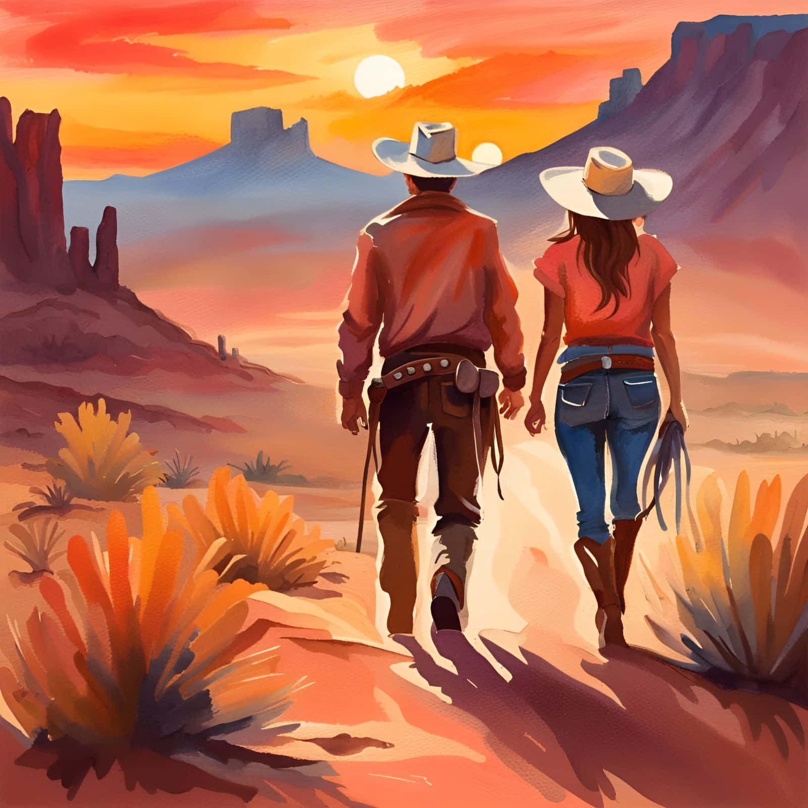 Sunset Cowboy Couple Walk Wallpaper