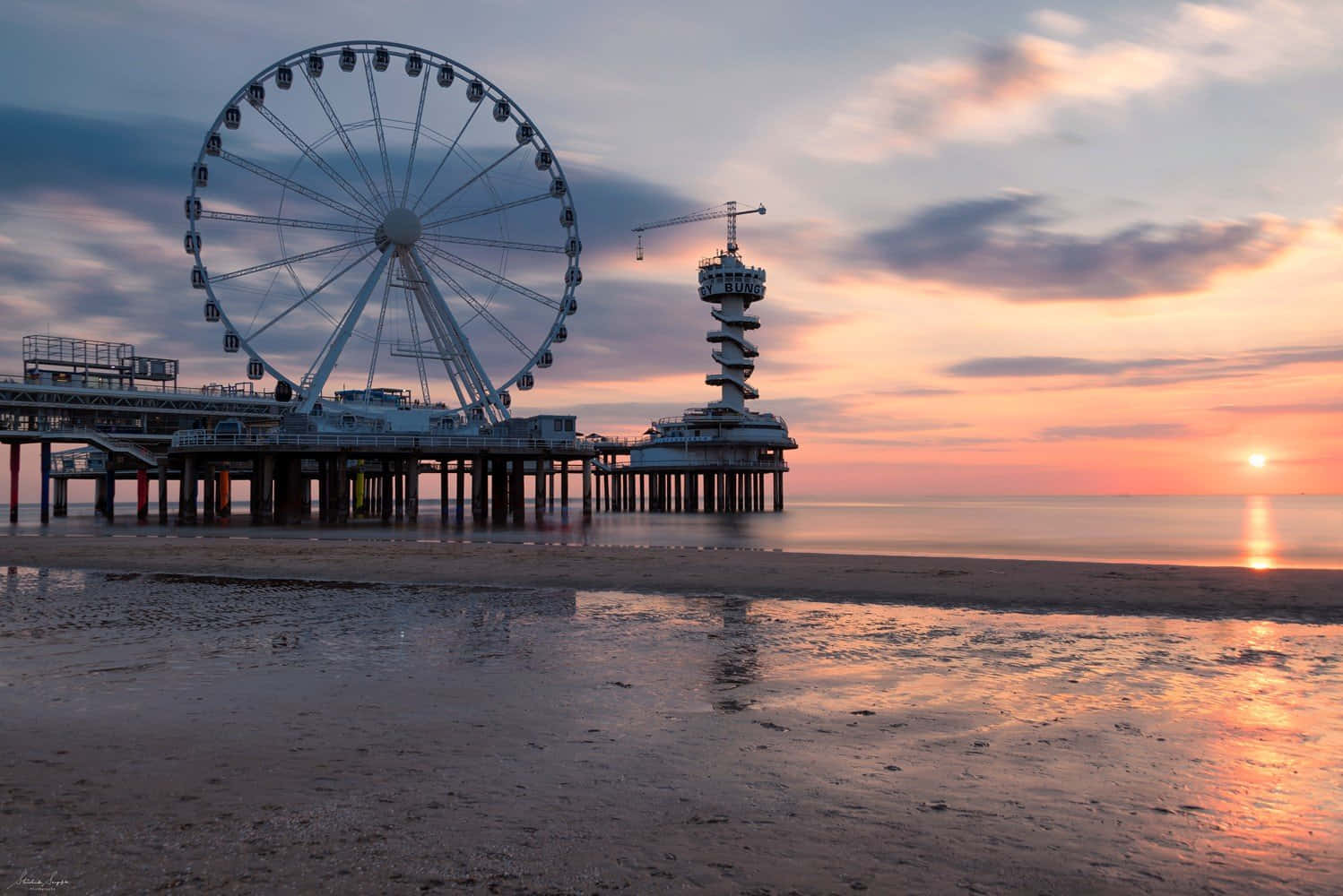 Sunset Ferris Wheel Pier Reflection Wallpaper