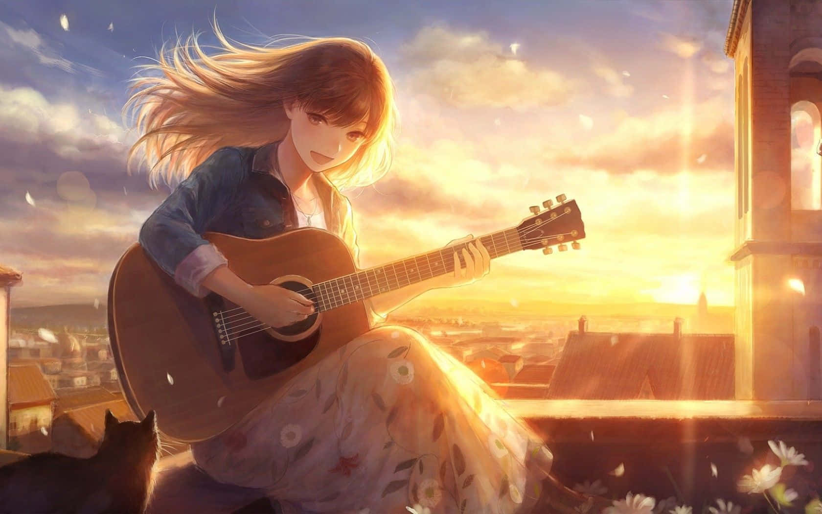 Sunset Melody Guitarist Wallpaper