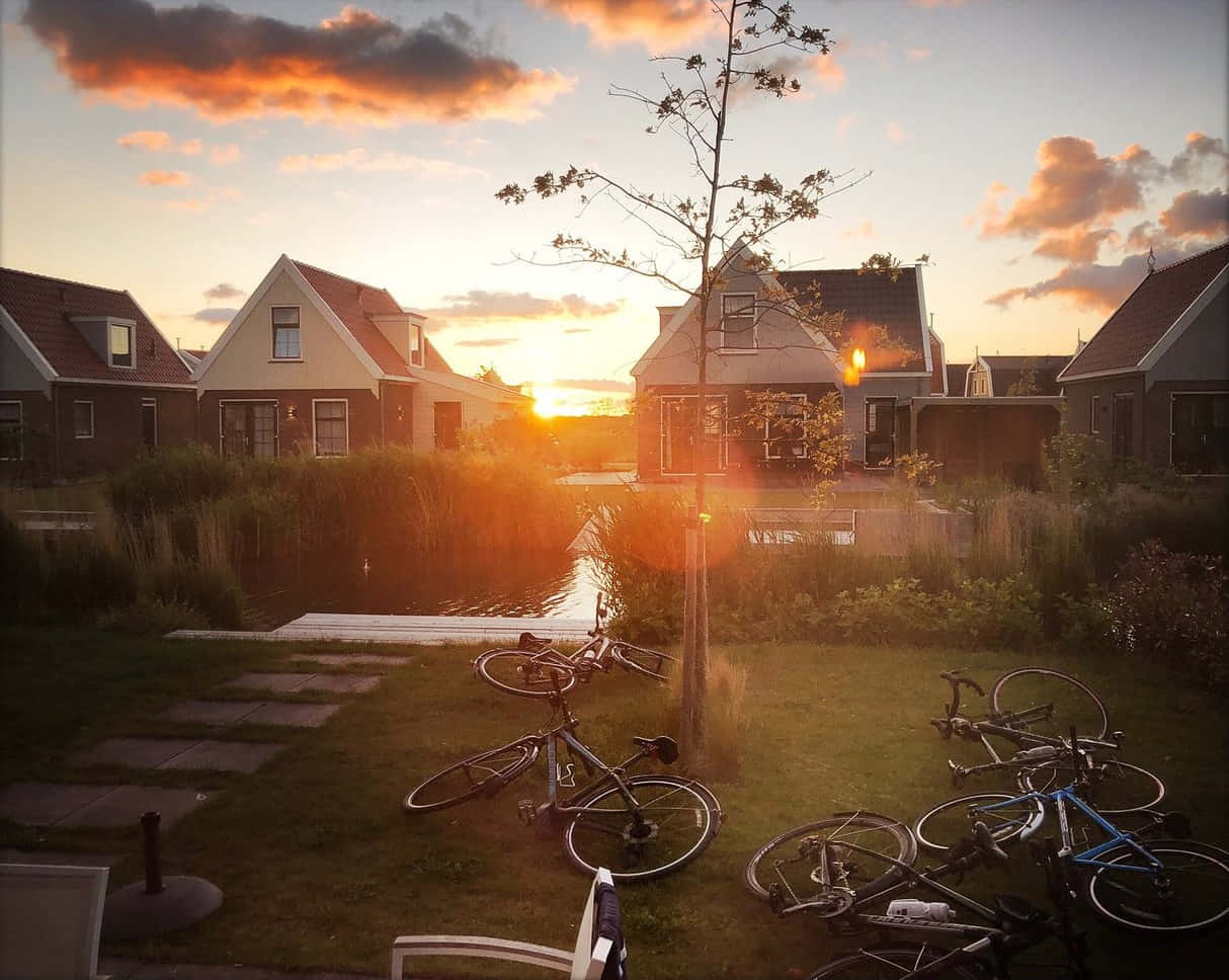 Sunset Over Canal Hengelo Houses Wallpaper