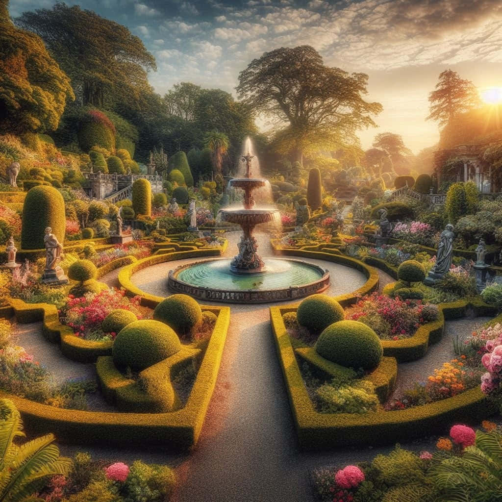 Sunset Over Victorian Garden Fountain Wallpaper