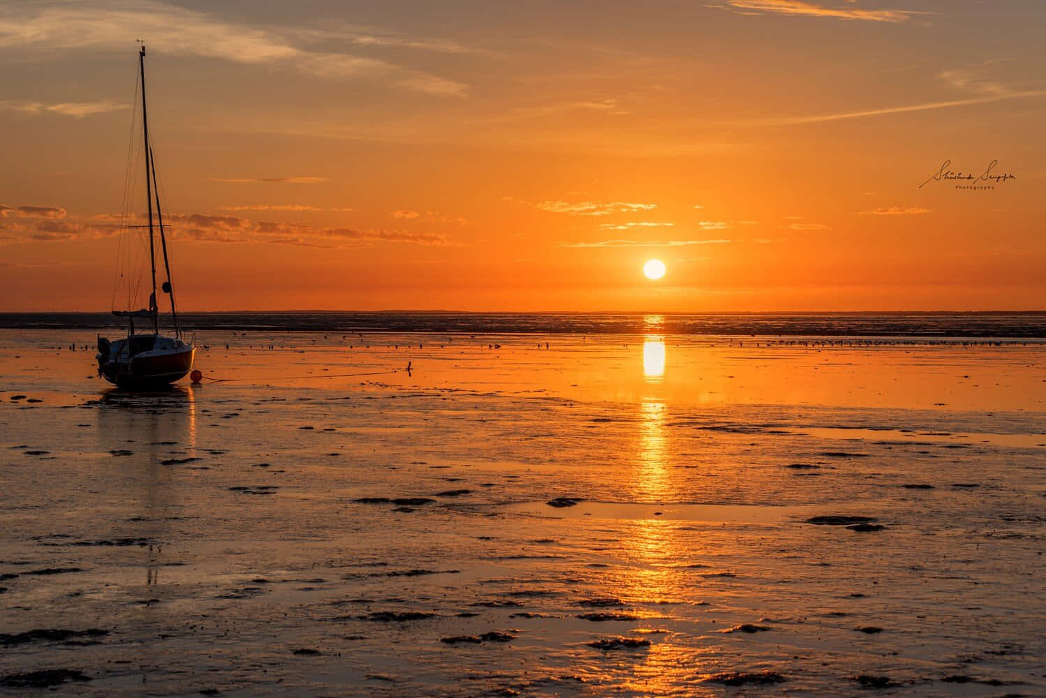 Sunset Sailboat Low Tide Scenery Wallpaper