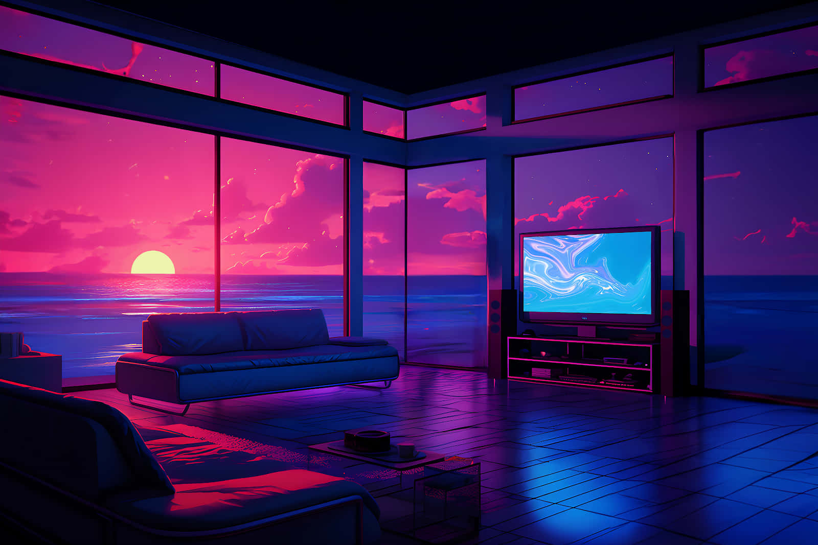 Sunset Seaview Living Room Vibes Wallpaper