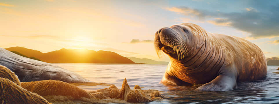 Sunset Walruson Arctic Shoreline Wallpaper