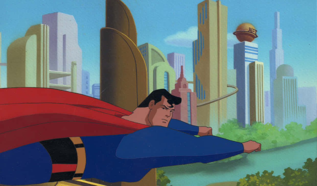 Superman Flying Over Metropolis In The Animated Series Wallpaper