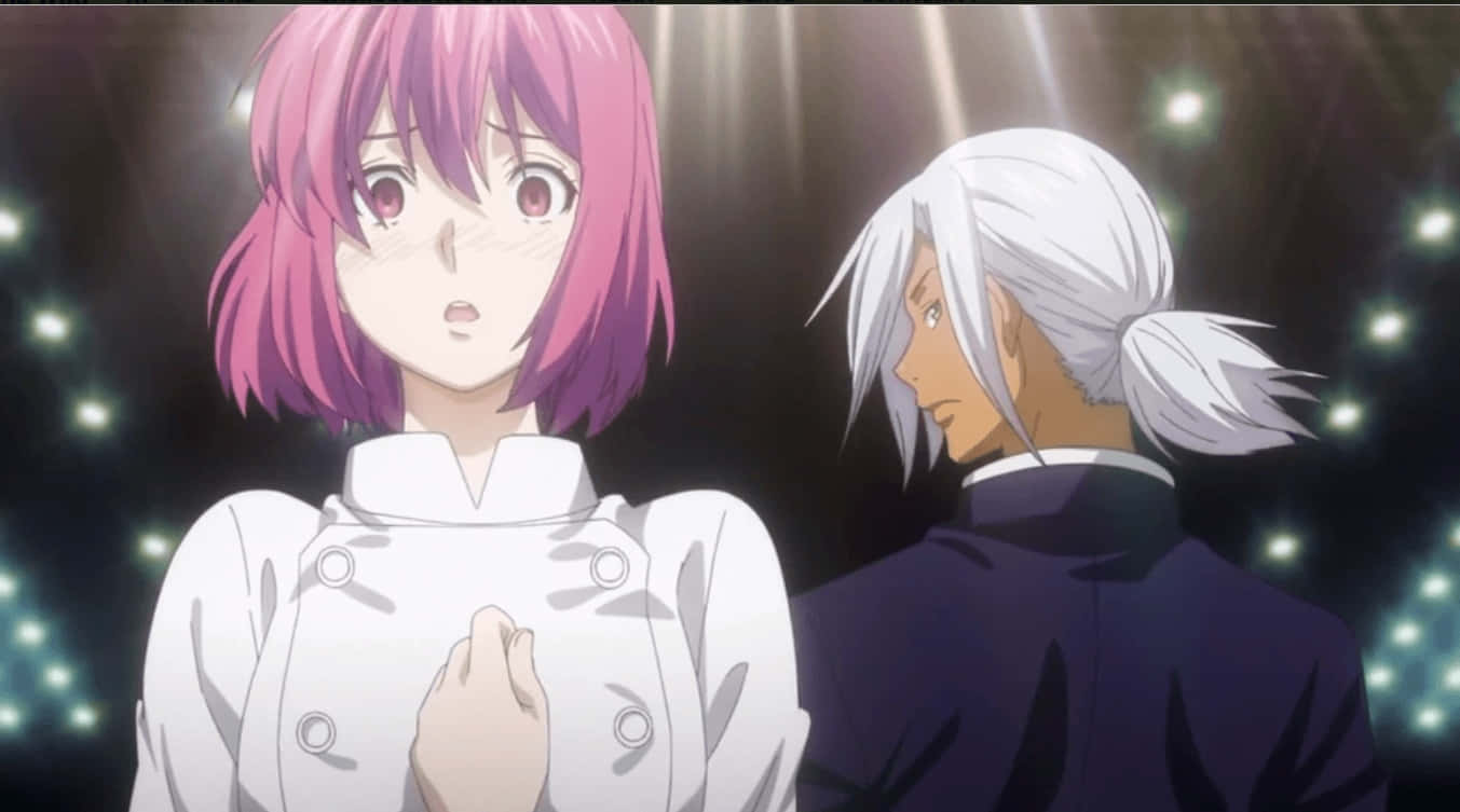 Surprised Pink Haired Girland Silver Haired Man Anime Wallpaper