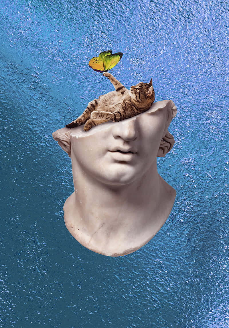 Surreal_ Classical_ Bust_with_ Cat_and_ Butterfly Wallpaper