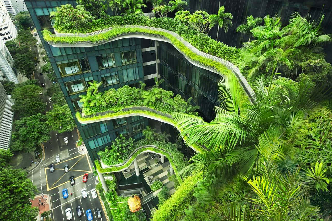 Sustainable Green Buildings In Urban City Wallpaper