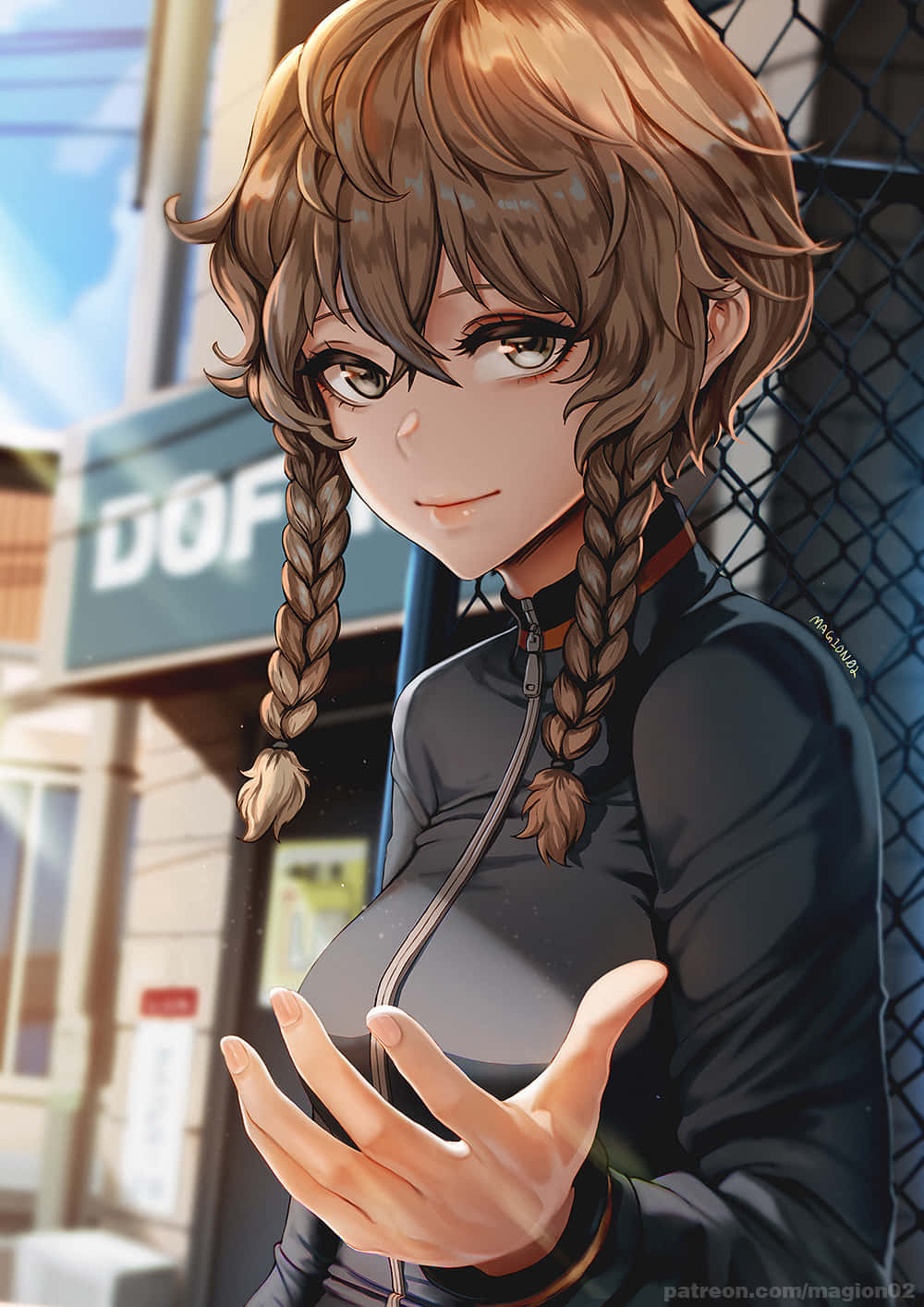 Suzuha Amane Standing Amidst A Vibrant Cityscape Wallpaper