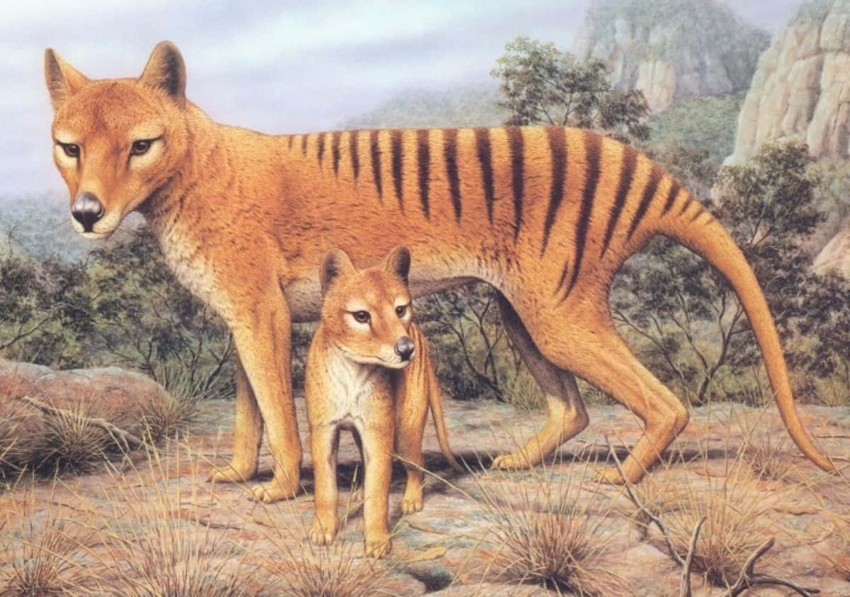 Tasmanian Tigerand Joey Illustration Wallpaper