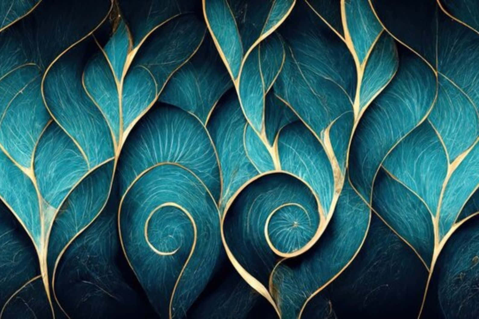 Teal Leaves Gold Veins Pattern Wallpaper