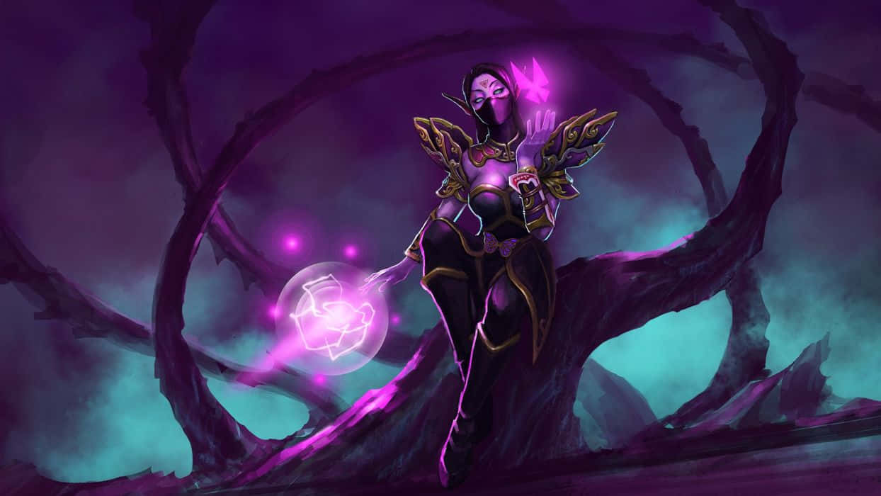 The Cunning Templar Assassin In A Captivating Stance On A Mystic Battlefield. Wallpaper