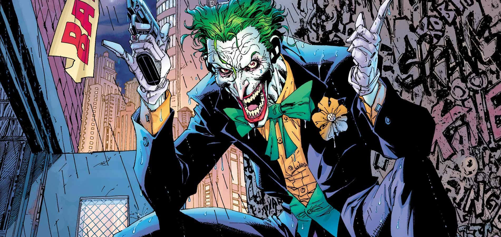 The Joker Laughing Manically In A Chilling Comic Scene Wallpaper