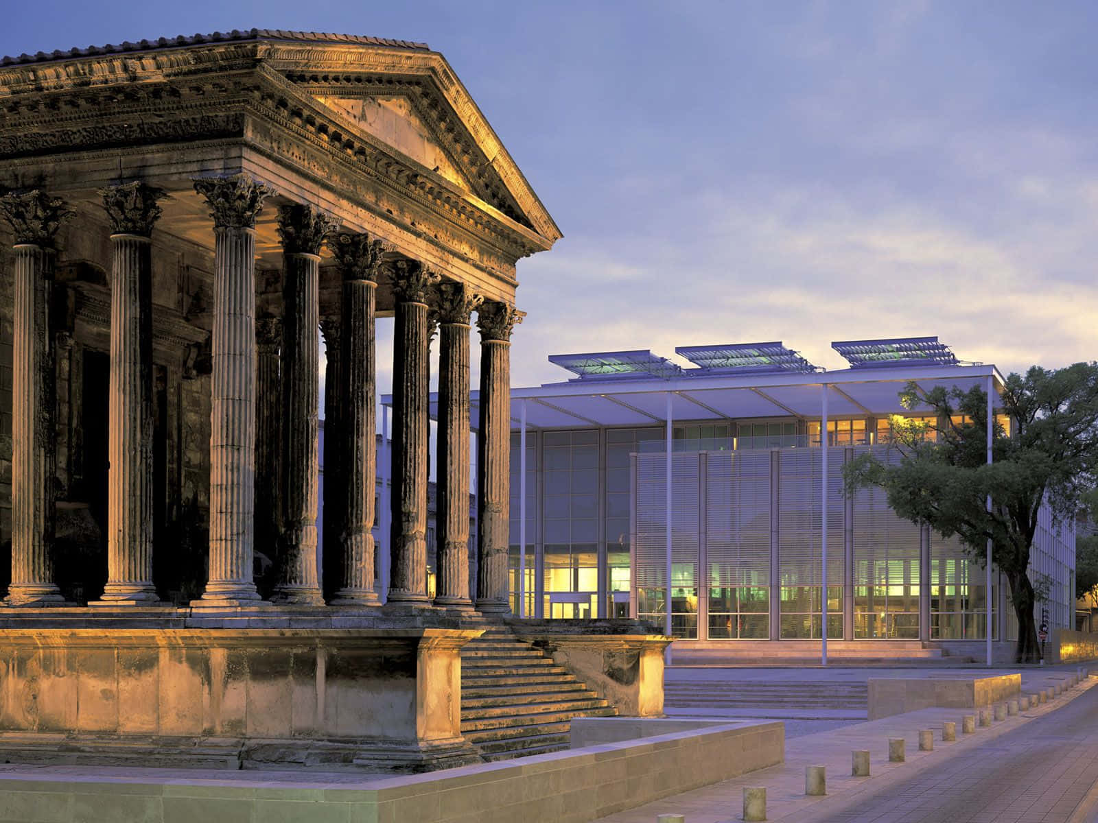 The Maison Carrée Amid Modern Architecture Wallpaper