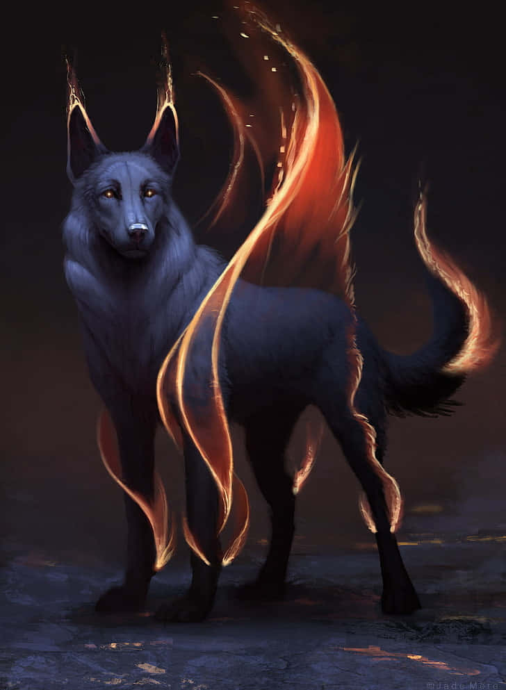 The Power Of Two Elements - Water And Fire - Embodied In A Single Wolf Wallpaper