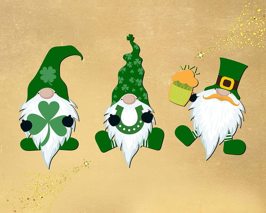 Three Shamrock Gnomes With Hats And A Shamrock Wallpaper