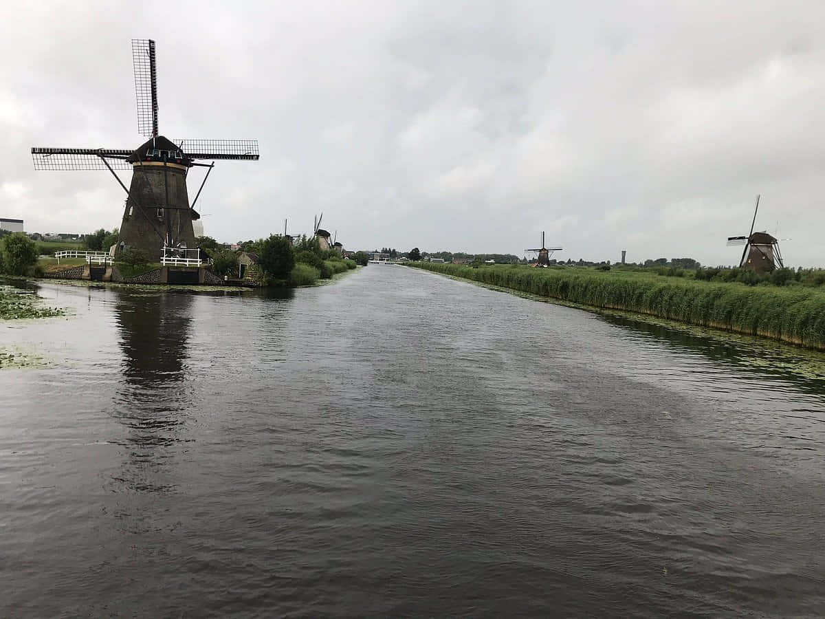 Traditional Dutch Windmills Along Waterway Wallpaper