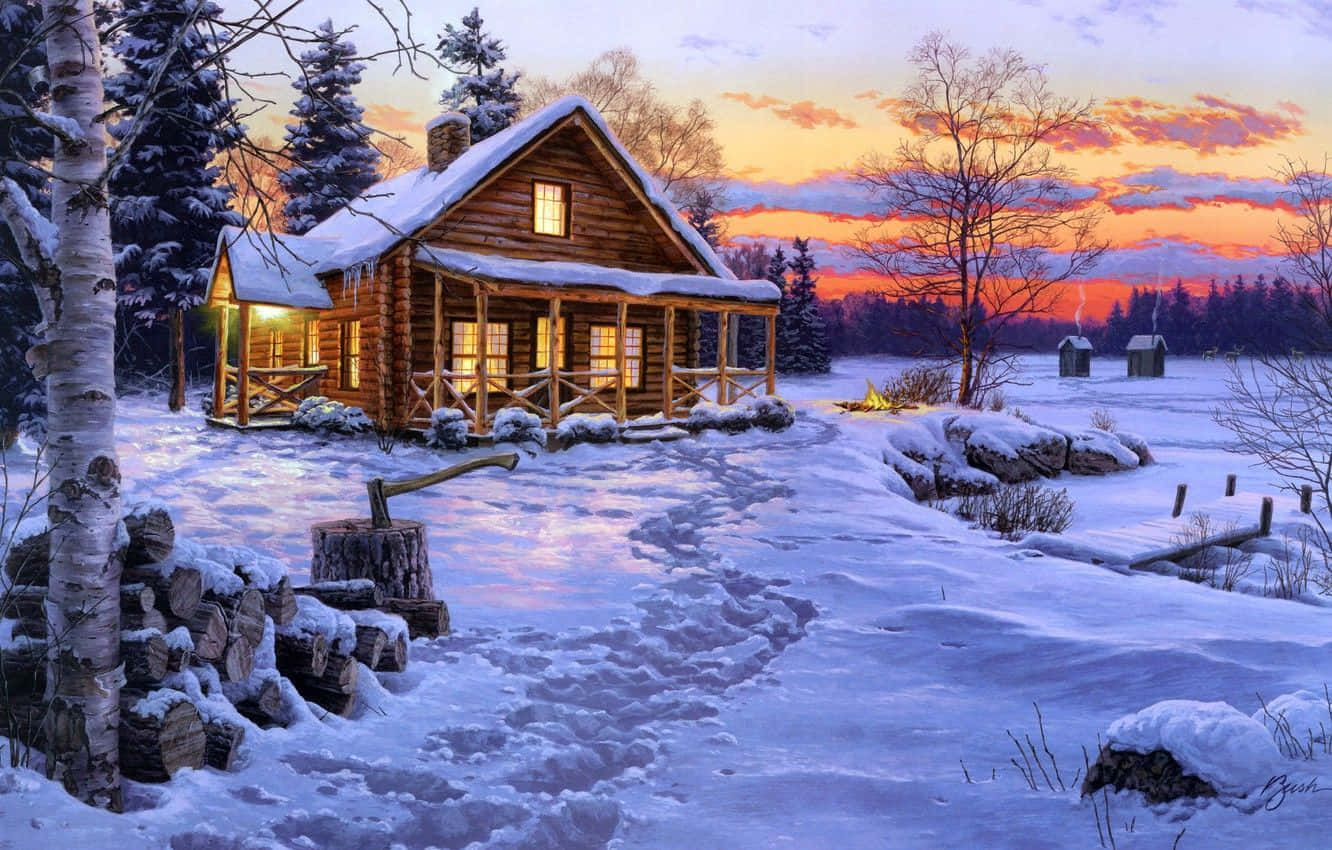 Tranquil Winter Landscape Painting Wallpaper