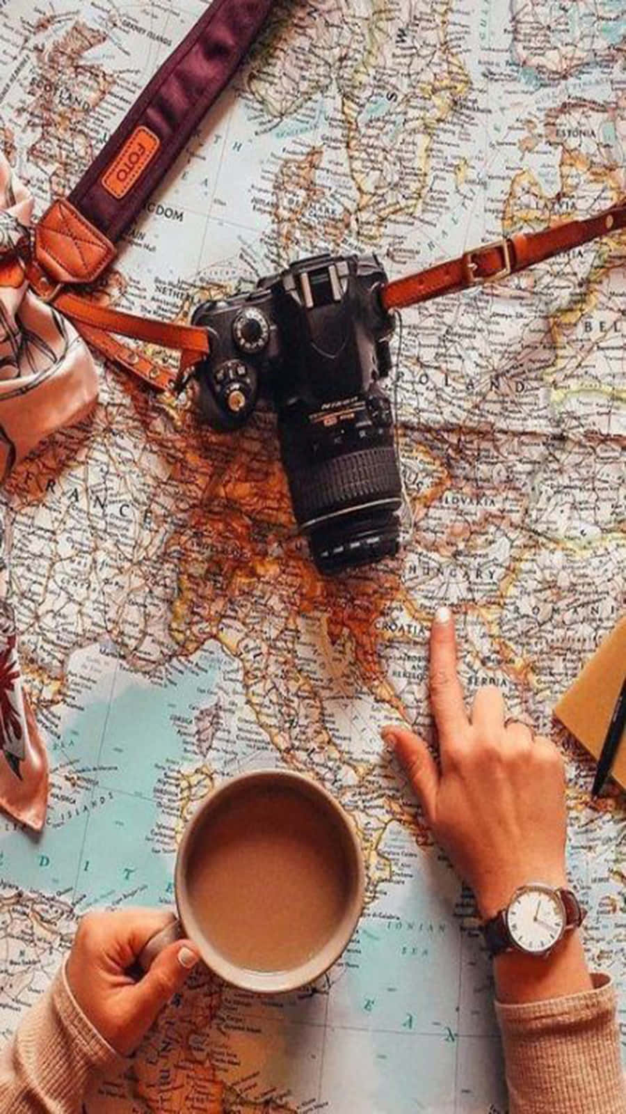 Travel Aesthetic Phone Coffee And Camera Wallpaper