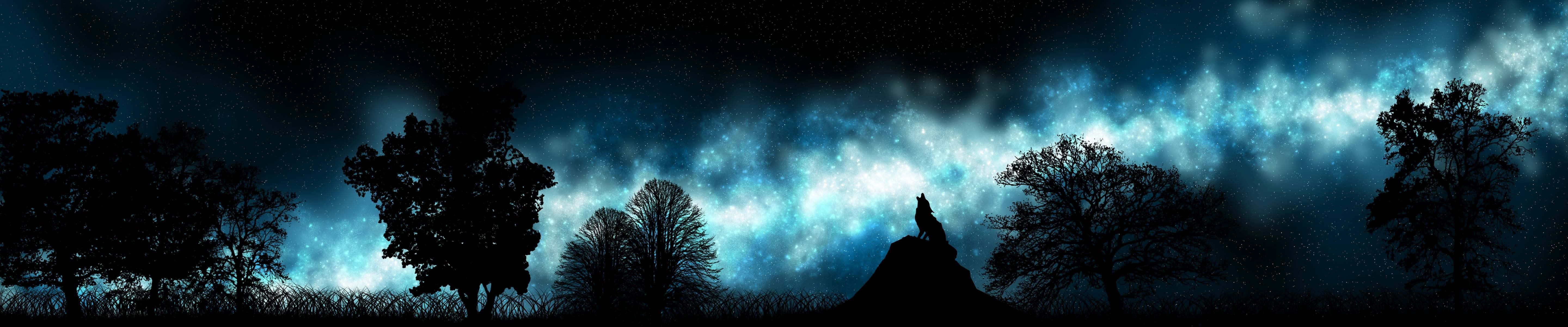 Trees And Stars Dark Triple Monitor Wallpaper