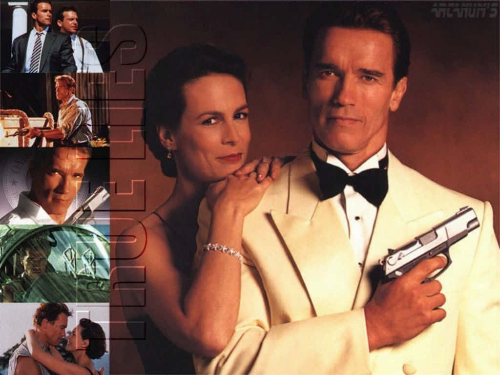 True Lies Action Scene - Arnold Schwarzenegger And Jamie Lee Curtis In A Suspenseful Moment Wallpaper