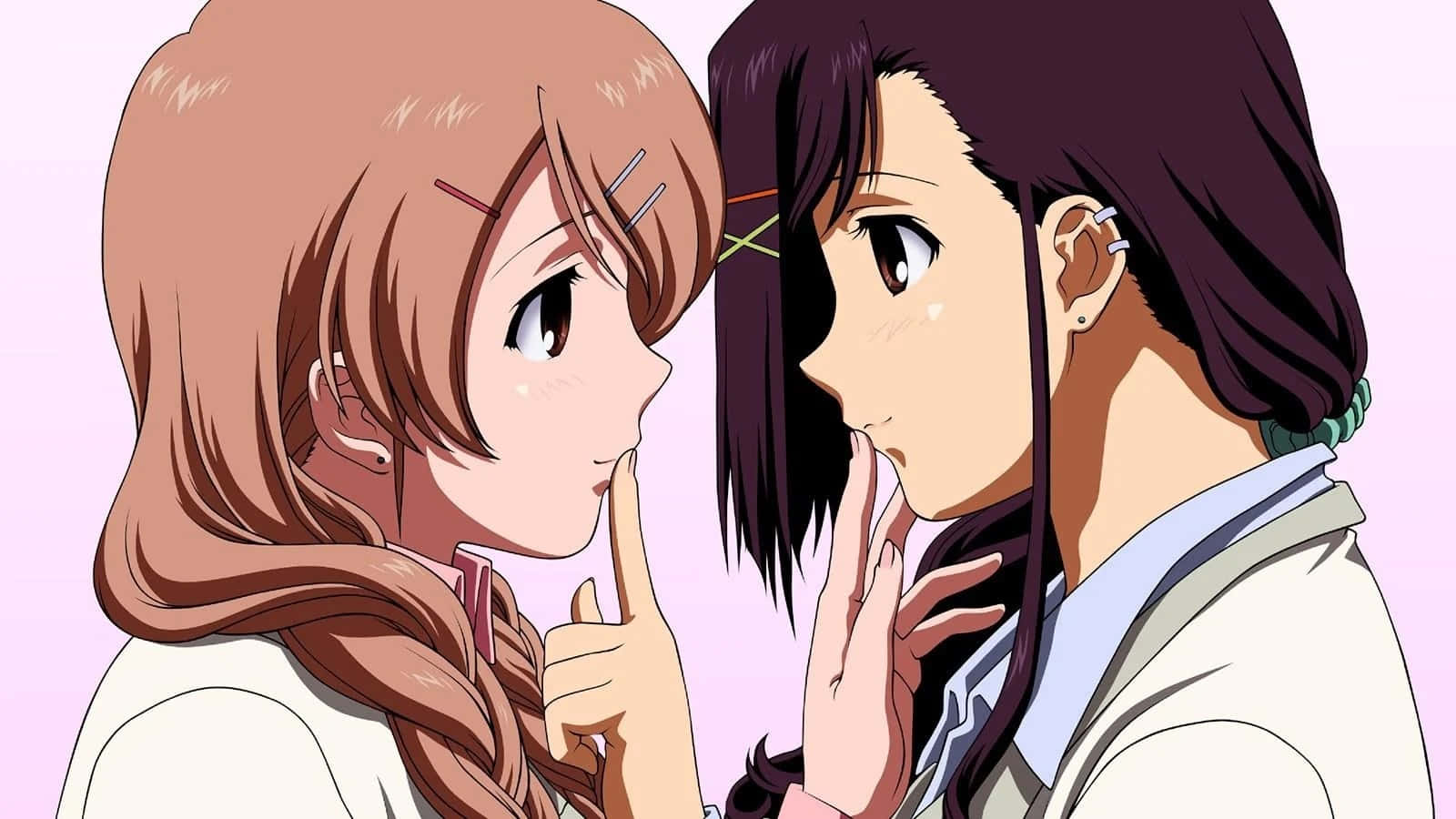 Two Anime Girls Are Looking At Each Other Wallpaper