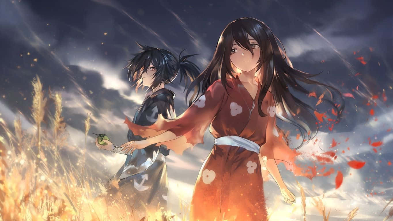 Two Anime Girls In A Field With A Cloudy Sky Wallpaper