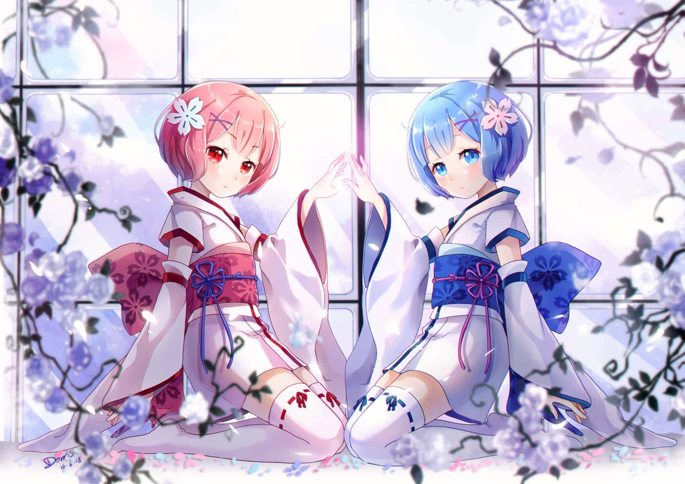 Two Anime Girls Sitting In Front Of A Window Wallpaper