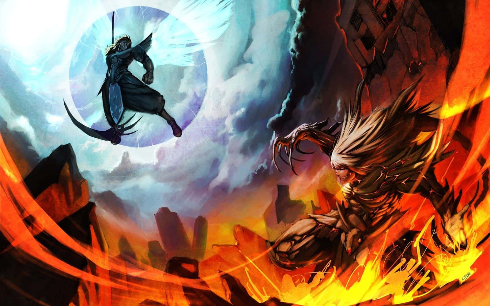 Two Demon Fighters Battling In An Intense Combat Wallpaper