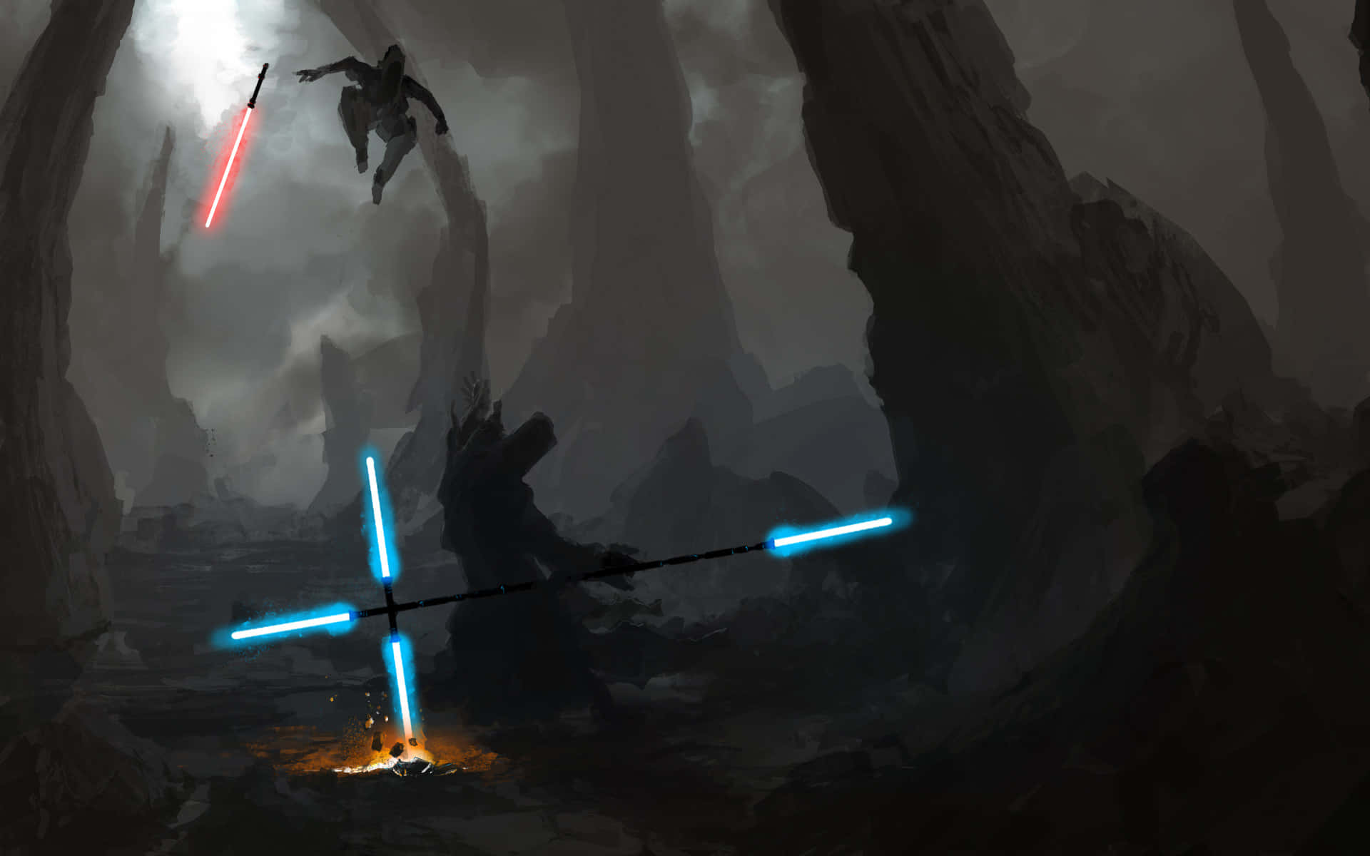 Two Dueling Jedi Warriors Locked In An Epic Lightsaber Duel Wallpaper